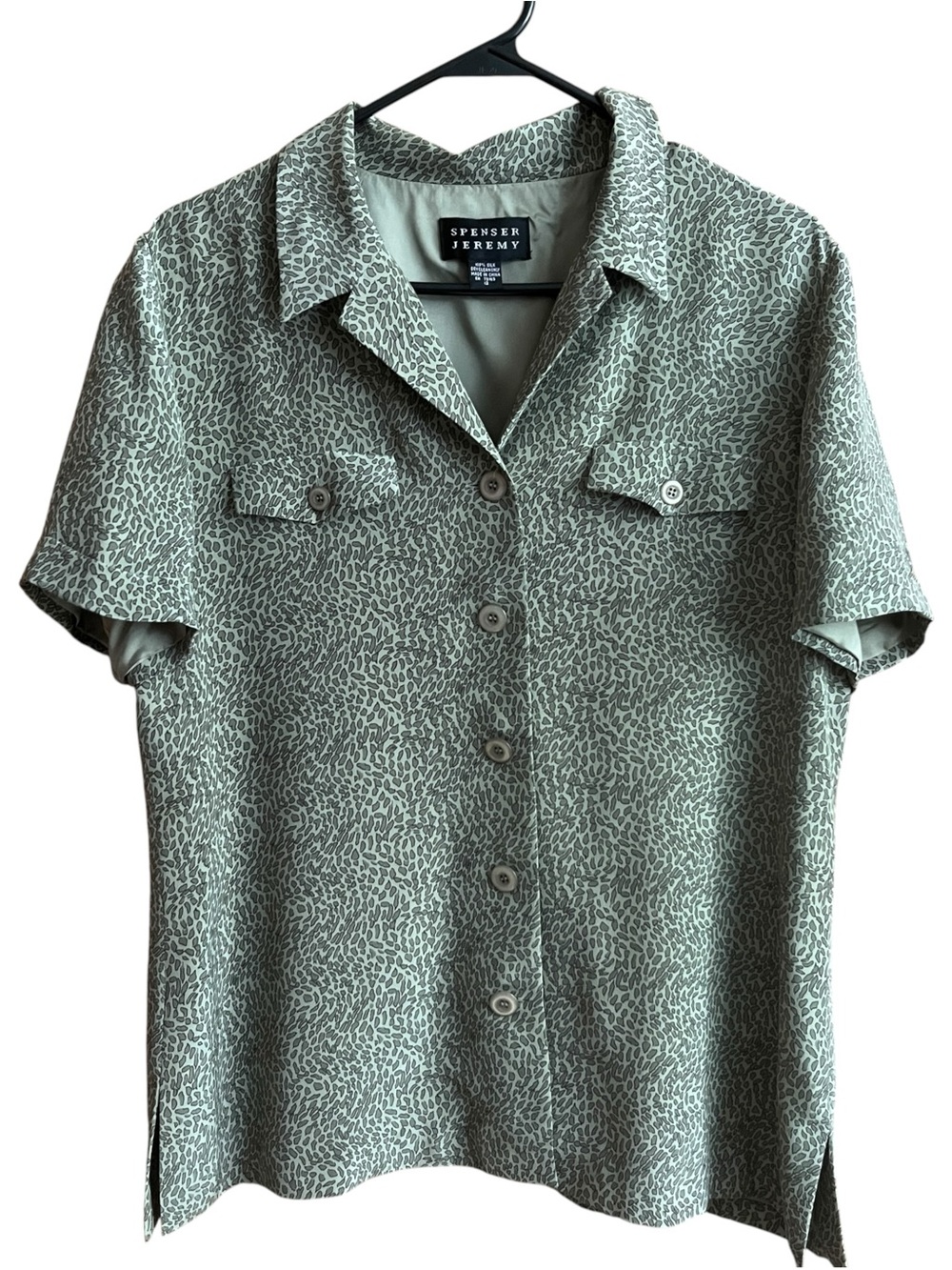 Spenser Jeremy Vintage Button-Up Silk Shirt All Over Print Short Sleeves